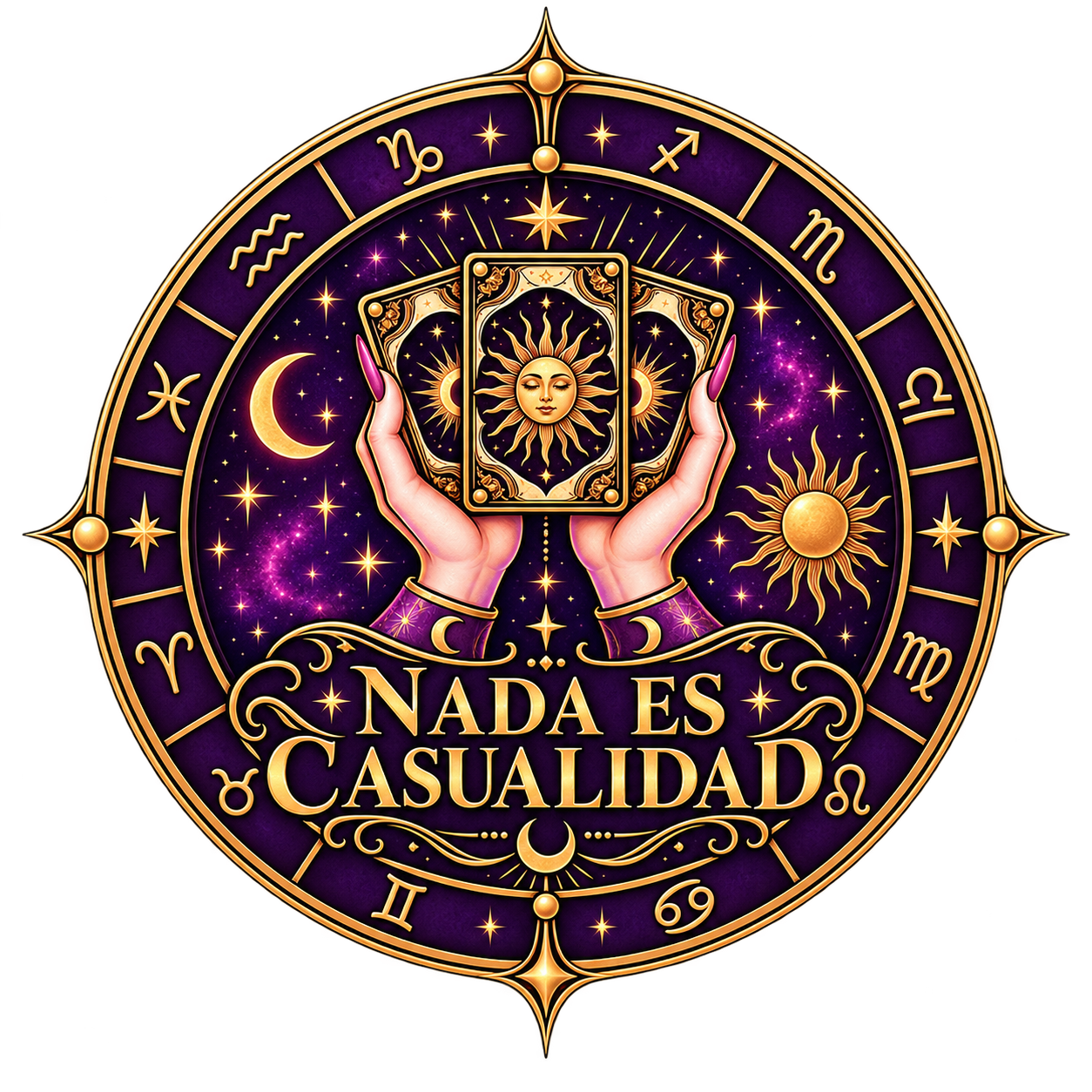 Emblema de la marca Nada es Casualidad: manos sosteniendo una carta sobre una rueda zodiacal